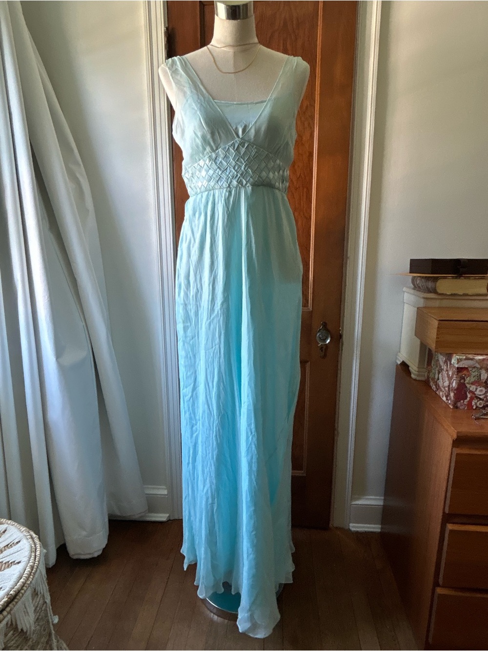 Calvin Klein Pale Aqua Silk Maxi Dress with Braided Waist